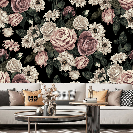 Dark Background Pink and White Flowers Rose Floral Wallpaper Wall Mural Home Decor