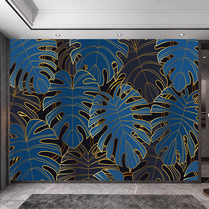 Gradient Golden Linear Background with Blue Monstera Leaves Wallpaper Wall Mural