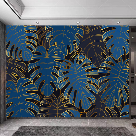 Gradient Golden Linear Background with Blue Monstera Leaves Wallpaper Wall Mural