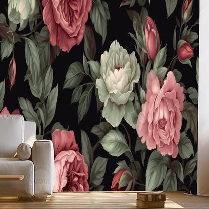 Dark Background Retro Peonies Flowers Floral Wallpaper Wall Mural