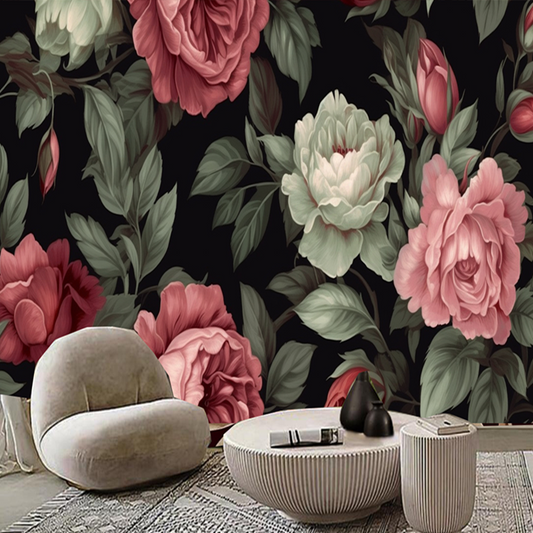 Dark Background Retro Peonies Flowers Floral Wallpaper Wall Mural