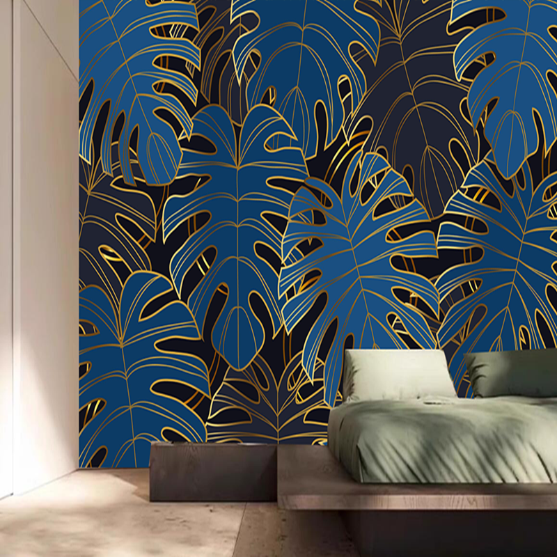 Gradient Golden Linear Background with Blue Monstera Leaves Wallpaper Wall Mural