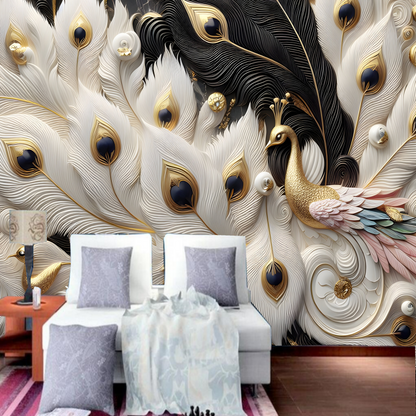 3D White and Black Peacocks Wallpaper Wall Mural Home Decor