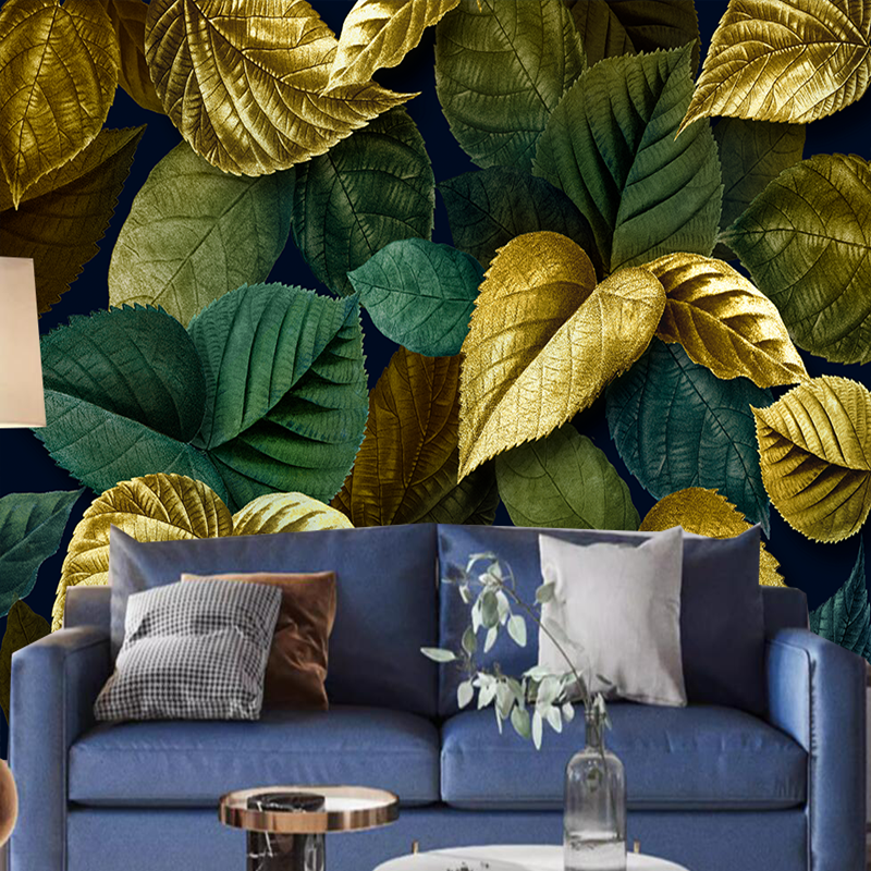 Creative Gold Green Leaves Textured Plants Wallpaper Wall Mural