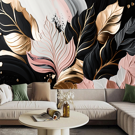 Abstract Art Modern Golden Pink Black Leaves Wallpaper Wall Mural