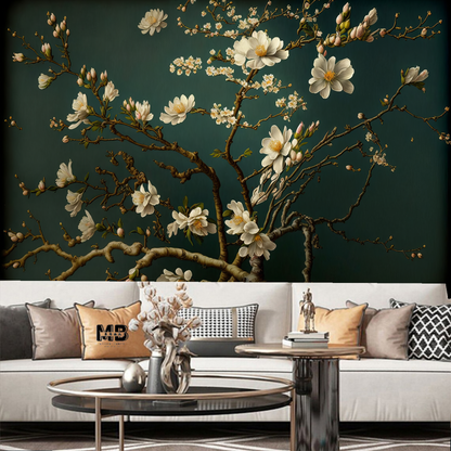 Dark Green Background White Magnolia Flowers Floral Wallpaper Wall Mural Home Decor