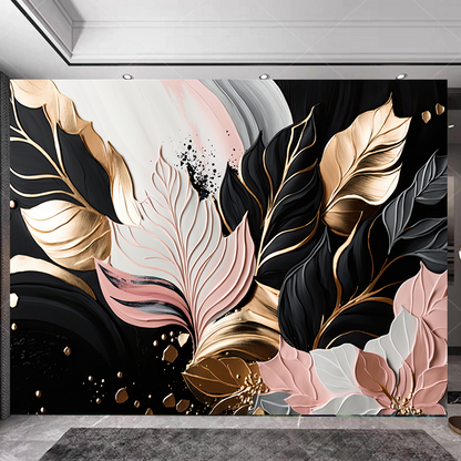 Abstract Art Modern Golden Pink Black Leaves Wallpaper Wall Mural