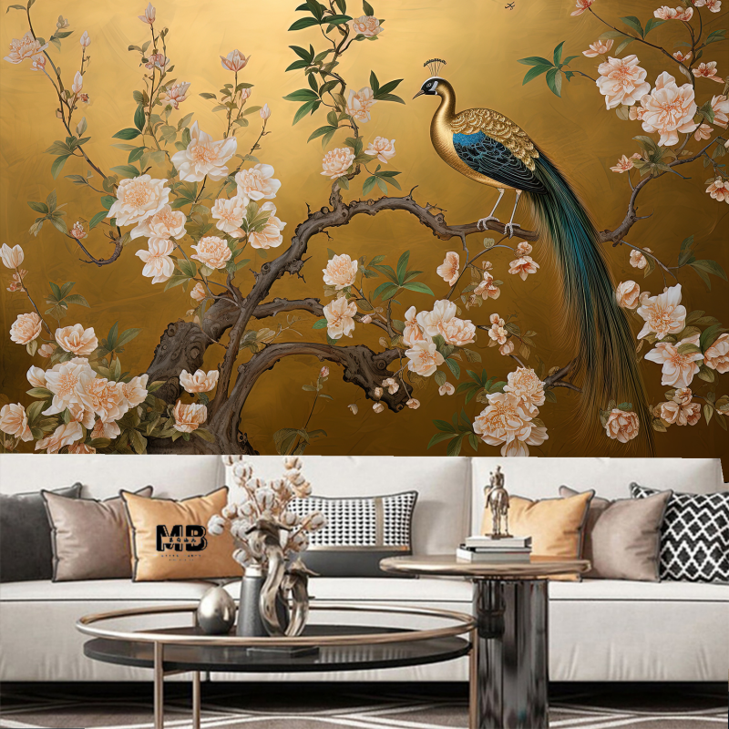 Chinoserie Golden Background Peony Flowers and Peacocks Wallpaper Wall Mural Home Decor