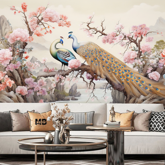 Chinoserie Pink Flowers and Peacocks Wallpaper Wall Mural Home Decor