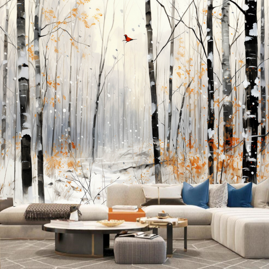 Abstract Winter Tree Forest with Birds Wallpaper Wall Mural Wall Decor