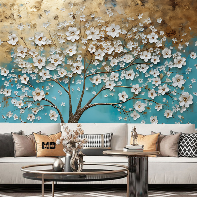 3D White Flowers Tree Wallpaper Wall Mural Home Decor