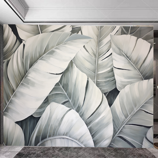 Silver Tropical Banana Leaves Plants Wallpaper Wall Mural Wall Decor