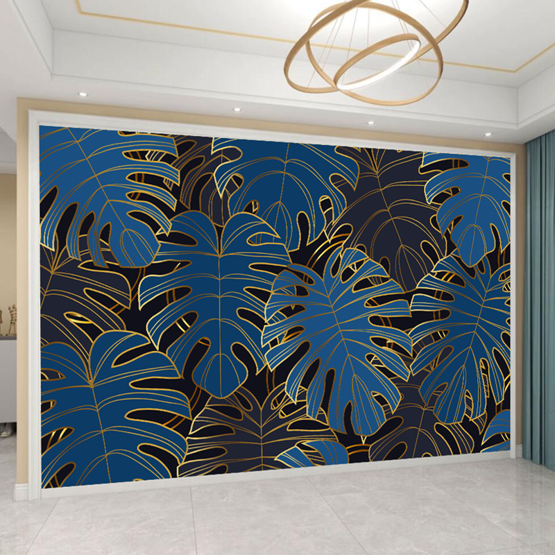 Gradient Golden Linear Background with Blue Monstera Leaves Wallpaper Wall Mural