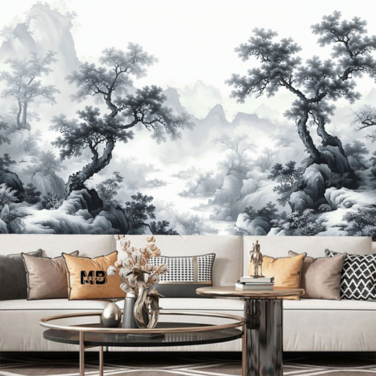 Grey Tropical Rainforest Tree and Mountains Nature Wallpaper Wall Mural Home Decor
