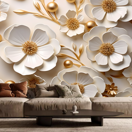 3D White Flowers and Gold Leaf Floral Wallpaper Wall Mural Home Decor