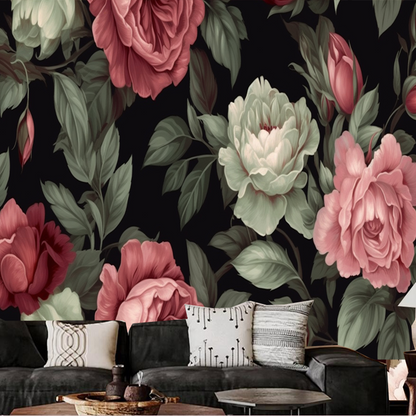 Dark Background Retro Peonies Flowers Floral Wallpaper Wall Mural