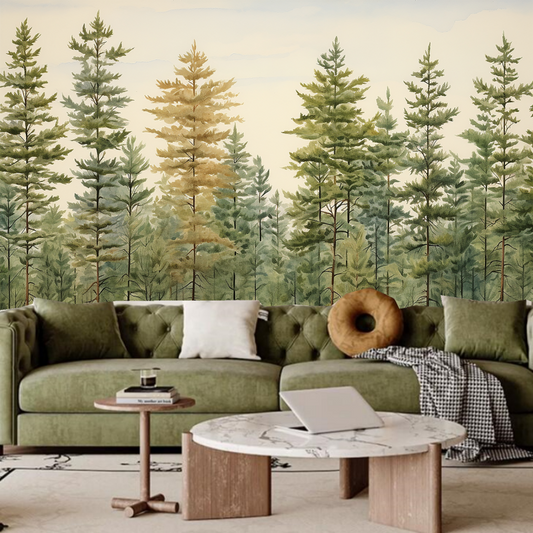 Watercolor Green Leaves Pine Tree Forest Wallpaper Wall Mural Home Decor