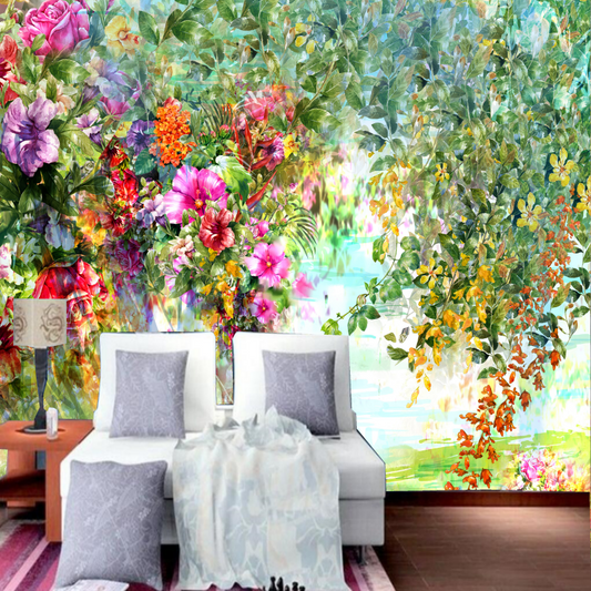 Colorful Flowers and Leaves Vine Floral Garden Wallpaper Wall Mural Home Decor
