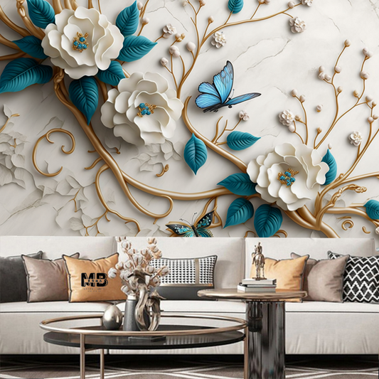 3D White and Blue Flowers Wallpaper Wall Mural Home Decor