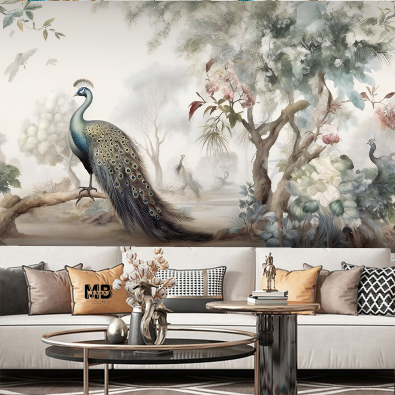 Chinoserie Pink Flowers Tree and Peacocks Wallpaper Wall Mural Home Decor