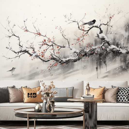 Winter Hanging Plum Branch with Birds Wallpaper Wall Mural Home Decor
