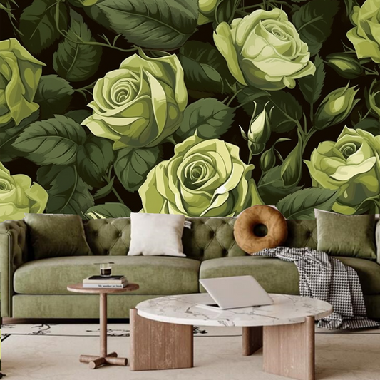 Dark Background Green Rose with Leaves Floral Wallpaper Wall Mural Wall Decor