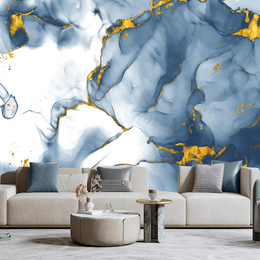 Abstract Blue and Golden Marble Wallpaper Wall Mural Home Decor