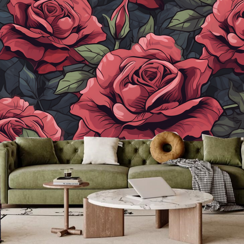 Dark Background Red Rose with Green Leaves Floral Wallpaper Wall Mural Wall Decor