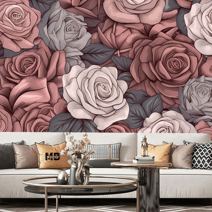 Dark Background Pink and White Flowers Rose Floral Wallpaper Wall Mural Home Decor