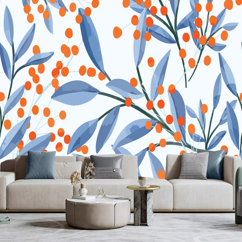 Watercolor Blue Leaves and Fruits Wallpaper Wall Mural Home Decor