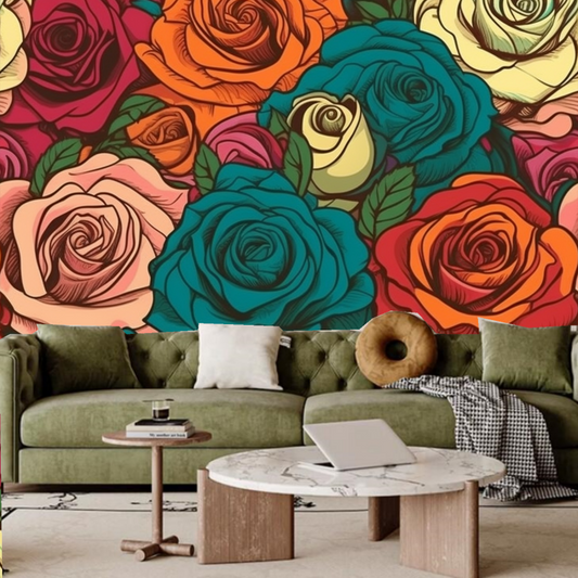 Dark Background Red and Green Rose Leaves Floral Wallpaper Wall Mural Wall Decor