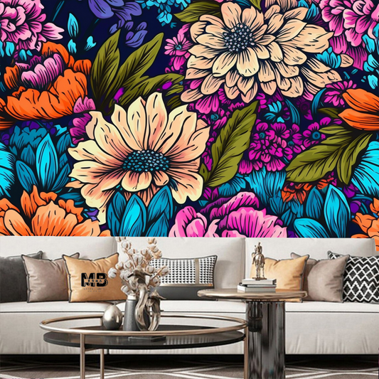 Dark Background Colorful Flowers Peony Floral Wallpaper Wall Mural Home Decor
