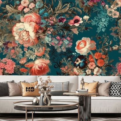 Dark Blue Background Coral Flowers Floral Wallpaper Wall Mural Home Decor