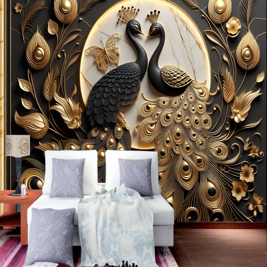 3D Gold and Black Peacocks Wallpaper Wall Mural Home Decor