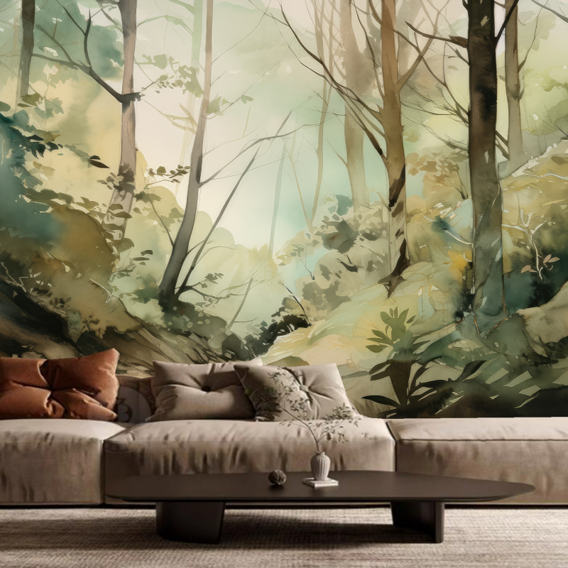 Watercolor Scene Trees Forest Jungle Wallpaper Wall Mural Home Decor