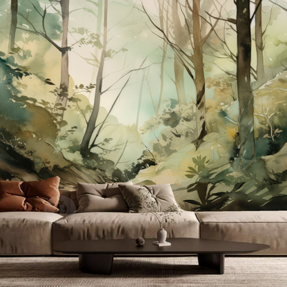 Watercolor Scene Trees Forest Jungle Wallpaper Wall Mural Home Decor