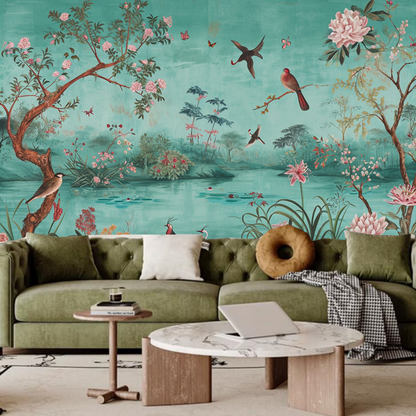 Chinoiserie Flowers and Birds Garden with Pond Wallpaper Wall Mural Home Decor