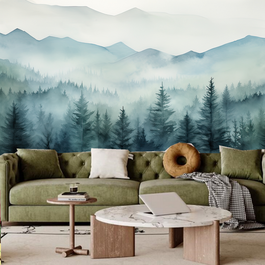 Watercolor Pine Tree Forest with Mountains Kids' Babies' Children's Nursery Wallpaper Wall Mural Wall Decor