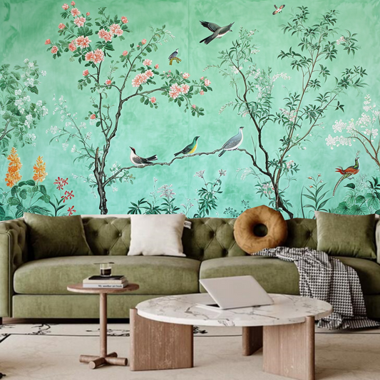 Chinoiserie Tree Flowers with Many Birds Wallpaper Wall Mural Home Decor
