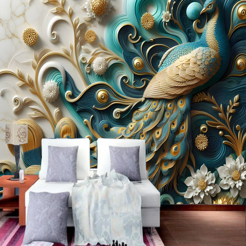 3D Blue Peacocks Wallpaper Wall Mural Home Decor