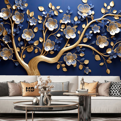 3D Hanging Blue Flowers Tree Wallpaper Wall Mural Home Decor