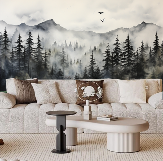 Watercolor Grey Pine Tree Forest with Mountains and Birds Kids' Babies' Children's Nursery Wallpaper Wall Mural Wall Decor