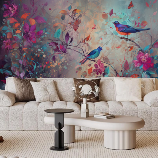 Chinoiserie Purple Vivid Birds and Flowers Floral Wallpaper Wall Mural Home Decor