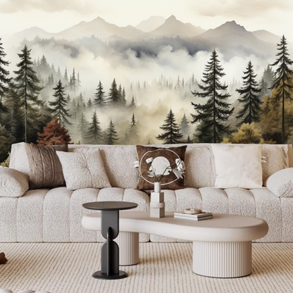 Watercolor Pine Tree Forest with Mountains Wallpaper Wall Mural Home Decor