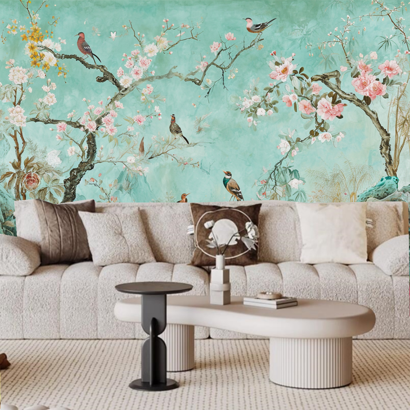 Chinoiserie Flowers Tree Branches with Birds Wallpaper Wall Mural Wall Decor