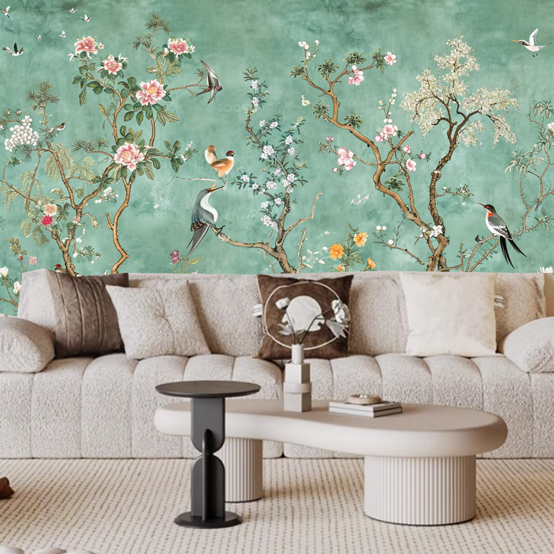 Chinoiserie Tree Flowers with Many Birds Wallpaper Wall Mural Home Decor