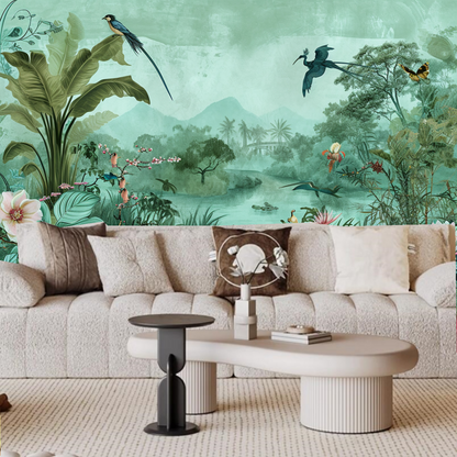 Chinoiserie Flowers Tree Branches with Birds Pound Jungle Wallpaper Wall Mural Wall Decor