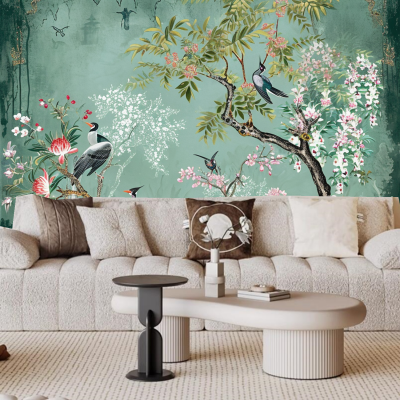 Chinoiserie Tree Flowers with Many Birds Wallpaper Wall Mural Home Decor