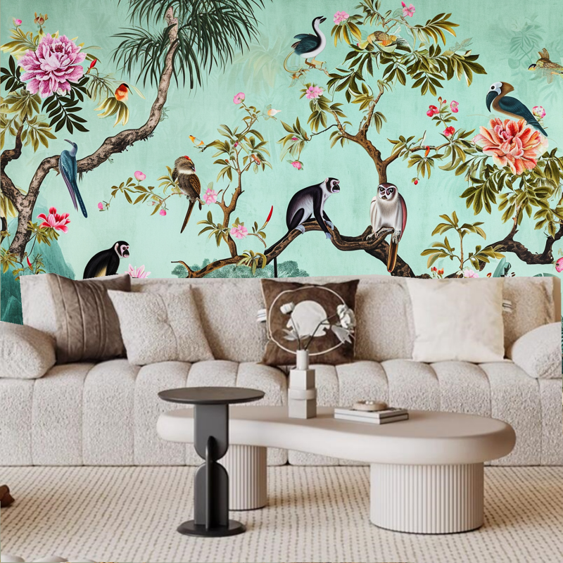 Cartoon Animals Monkeys and Birds with Flower Trees Kids' Babies' Children's Nursery Wallpaper Wall Mural Wall Decor