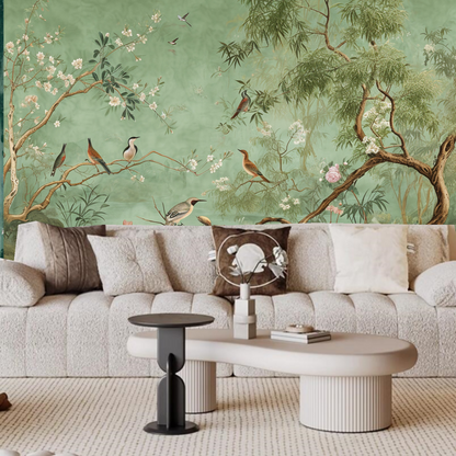 Chinoiserie Mint Green Background Tree Flowers with Many Birds Wallpaper Wall Mural Home Decor